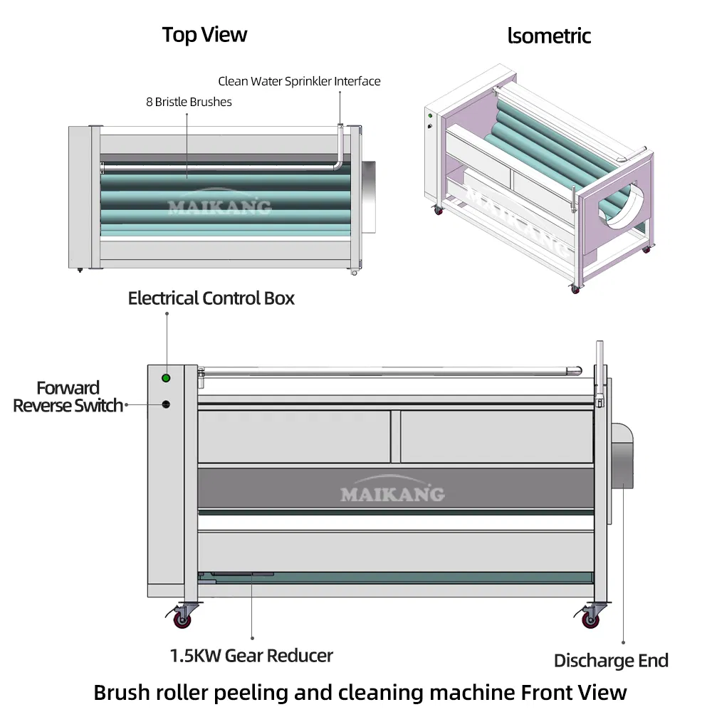 Root Vegetable and Fruit Brush Roller De-Mud and Peeling Cleaning Machine Is Suitable for Central Kitchen Factories and Can Automatically Discharge
