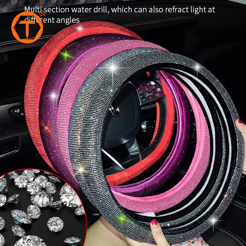 New Women Fashion 15 Inch Full Covered Shiny Glitter Bling Rhinestone Diamond Car Steering Wheel Cover with Black Red Stones