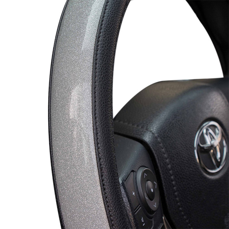 Glitter 38cm Genuine Real Leather Black Steering Wheel Cover