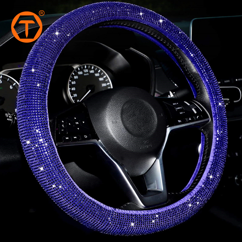 New Women Fashion 15 Inch Full Covered Shiny Glitter Bling Rhinestone Diamond Car Steering Wheel Cover with Black Red Stones