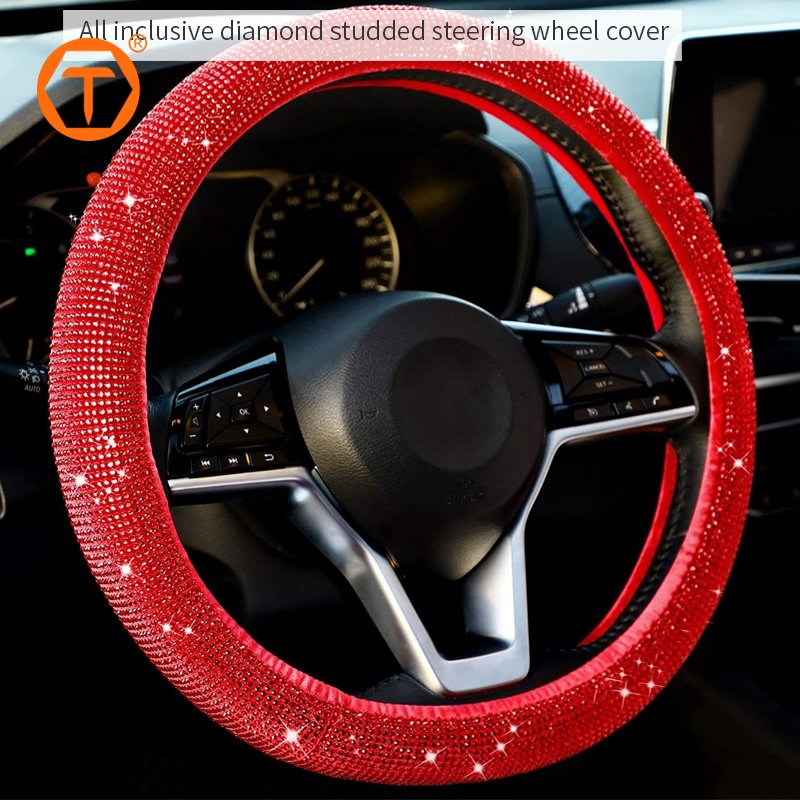 New Women Fashion 15 Inch Full Covered Shiny Glitter Bling Rhinestone Diamond Car Steering Wheel Cover with Black Red Stones