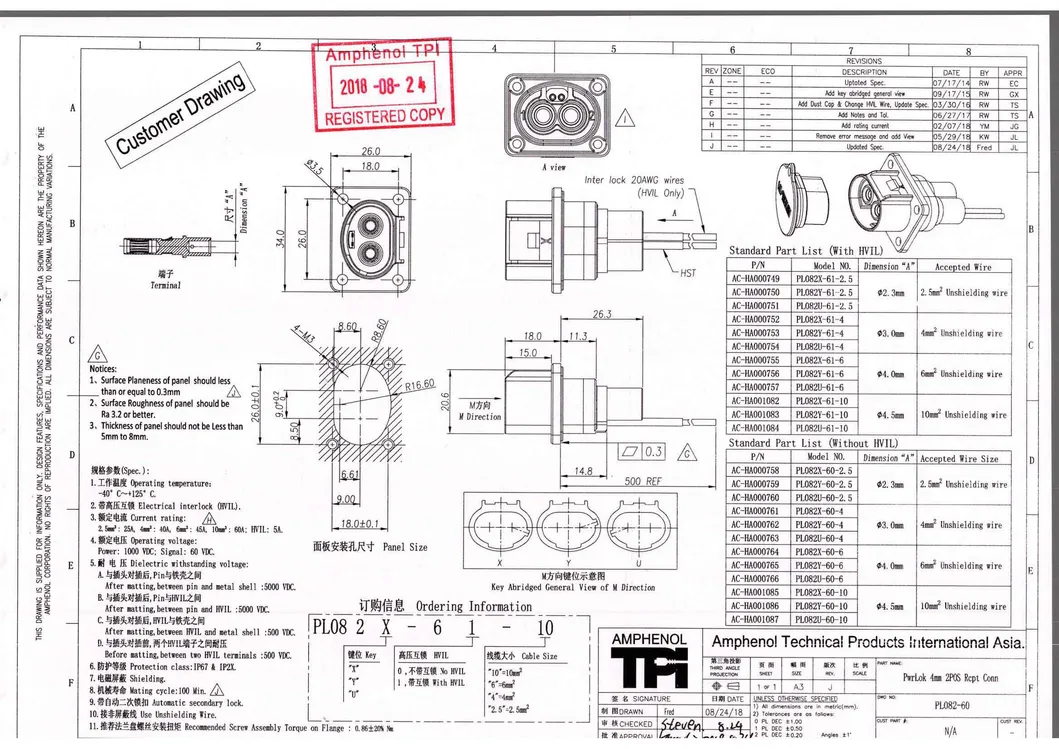 Conector de arnés de cable de alta tensión de nueva energía de Amphenol Automotive Pl182X-60-6 con cubierta de enchufe impermeable y todos los accesorios