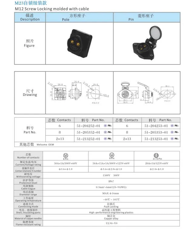 Fabricantes Suministran Conector Waterproof de Auto Bloqueo M23 Brida Cuadrada 2 + 1 + 5 Núcleo 50A Compartir Puerto de Carga y Descarga de Vehículos Eléctricos