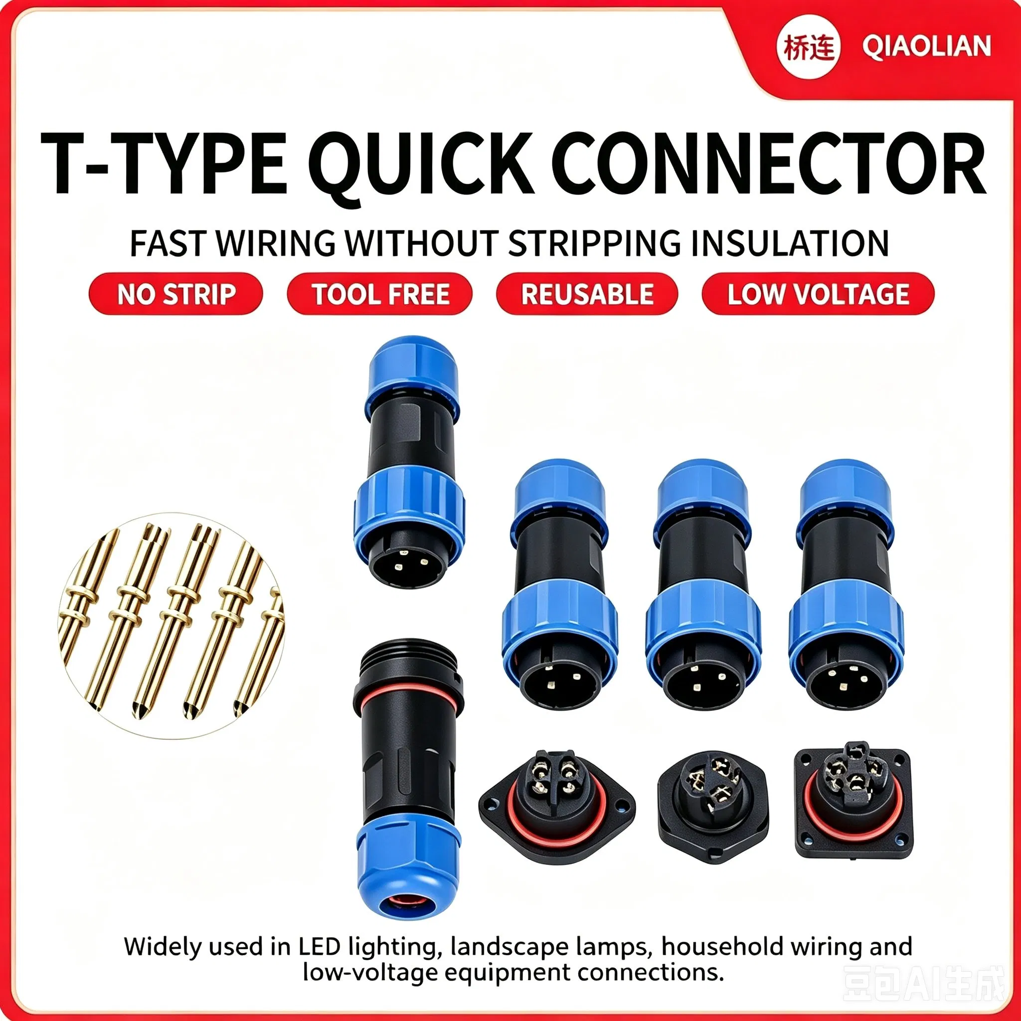 Conector de aviación circular impermeable sin soldadura Pin macho hembra recto tipo T para cableado de desconexión rápida de cable a cable para iluminación exterior IP68 2-11