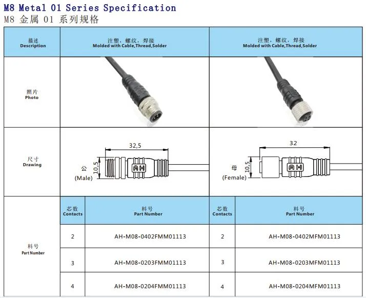 Cable de goma Pin IP65 Conector metálico macho hembra a prueba de agua M8 Sensor