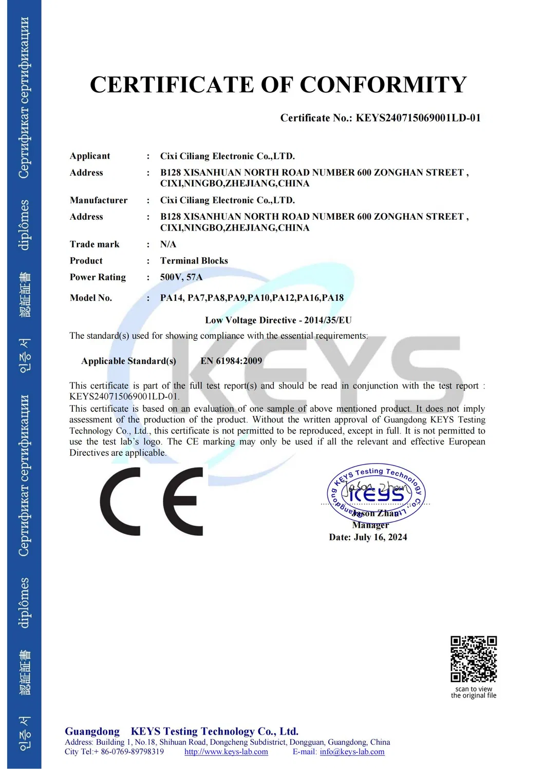 PA10h 20A Conector de tira de terminal de alimentación a través de material de latón elevado para iluminación