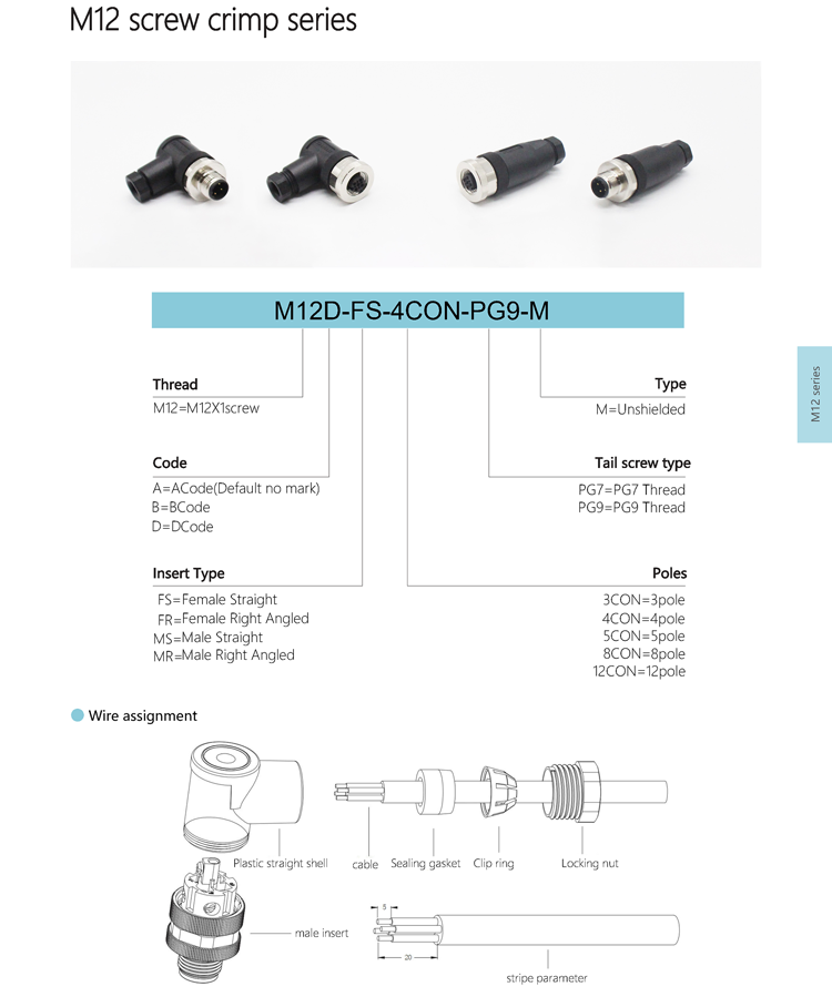 M12 Conector Circular de Sensor de Ángulo Recto Derecho 4 5 8 12 Pin