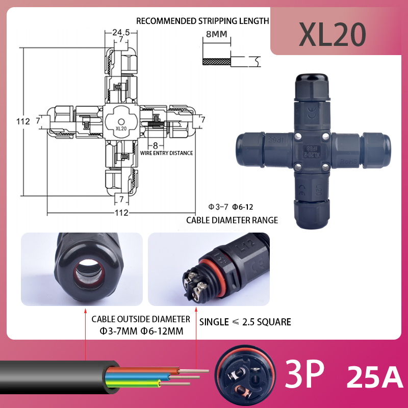 IP68 Serie XL Iluminación LED Exterior 4way Conectores Impermeables Tornillo Cableado