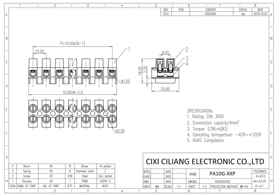 PA10h 20A Conector de tira de terminal de alimentación a través de material de latón elevado para iluminación