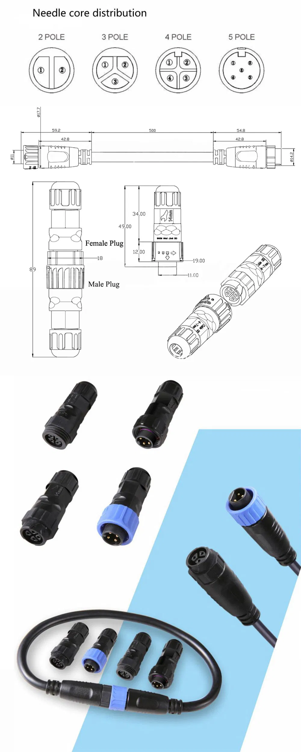 2/3/4/5/6/7/8pin M16 Cables de extensión rápidos de iluminación Conector de cable