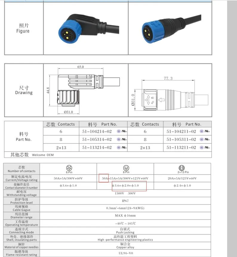 Fabricantes Suministran Conector Waterproof de Auto Bloqueo M23 Brida Cuadrada 2 + 1 + 5 Núcleo 50A Compartir Puerto de Carga y Descarga de Vehículos Eléctricos