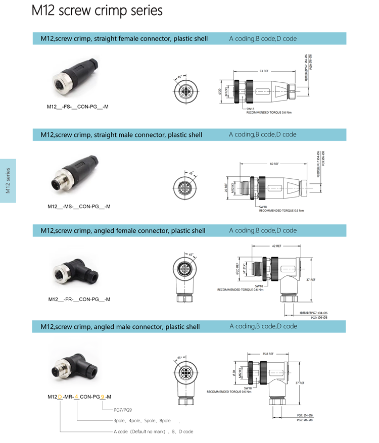 M12 Conector Circular de Sensor de Ángulo Recto Derecho 4 5 8 12 Pin