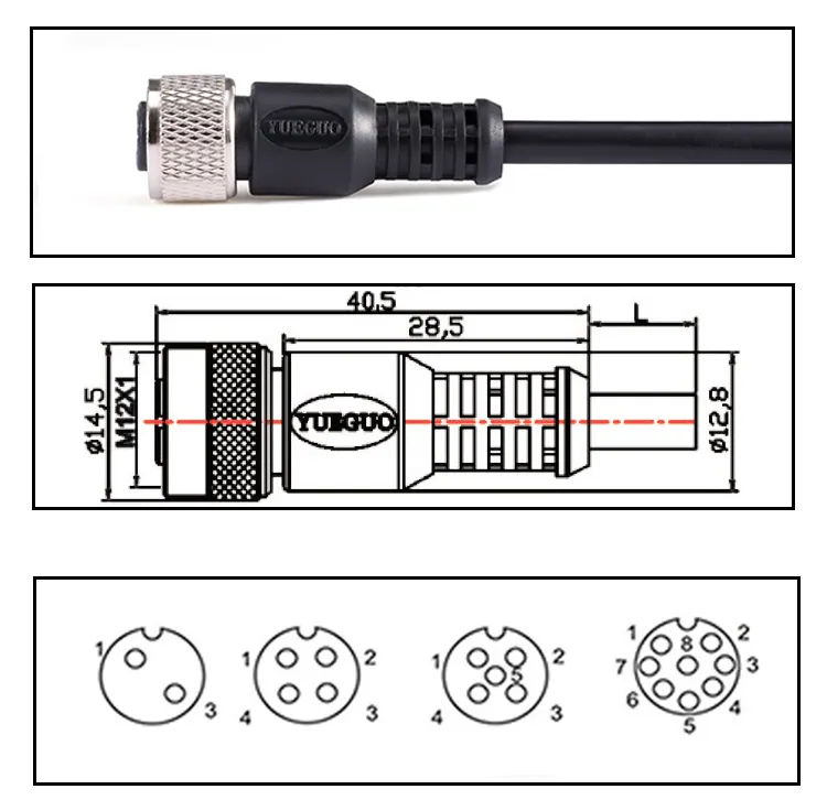 Línea de Conexión de Sensor M12 Conector de Aviación 5-Pin Conector a Tope Macho Hembra Impermeable
