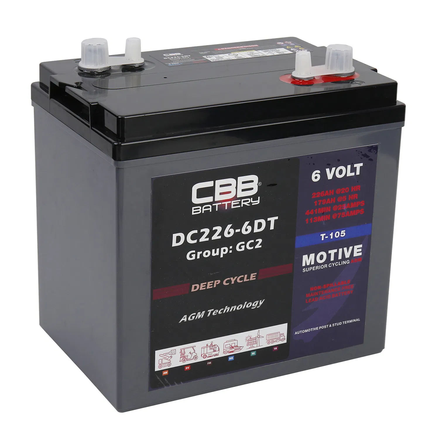 Bateria Gel de Ciclo Profundo com Terminais Duplos 6V 226ah Bateria para Carrinho de Golfe T105