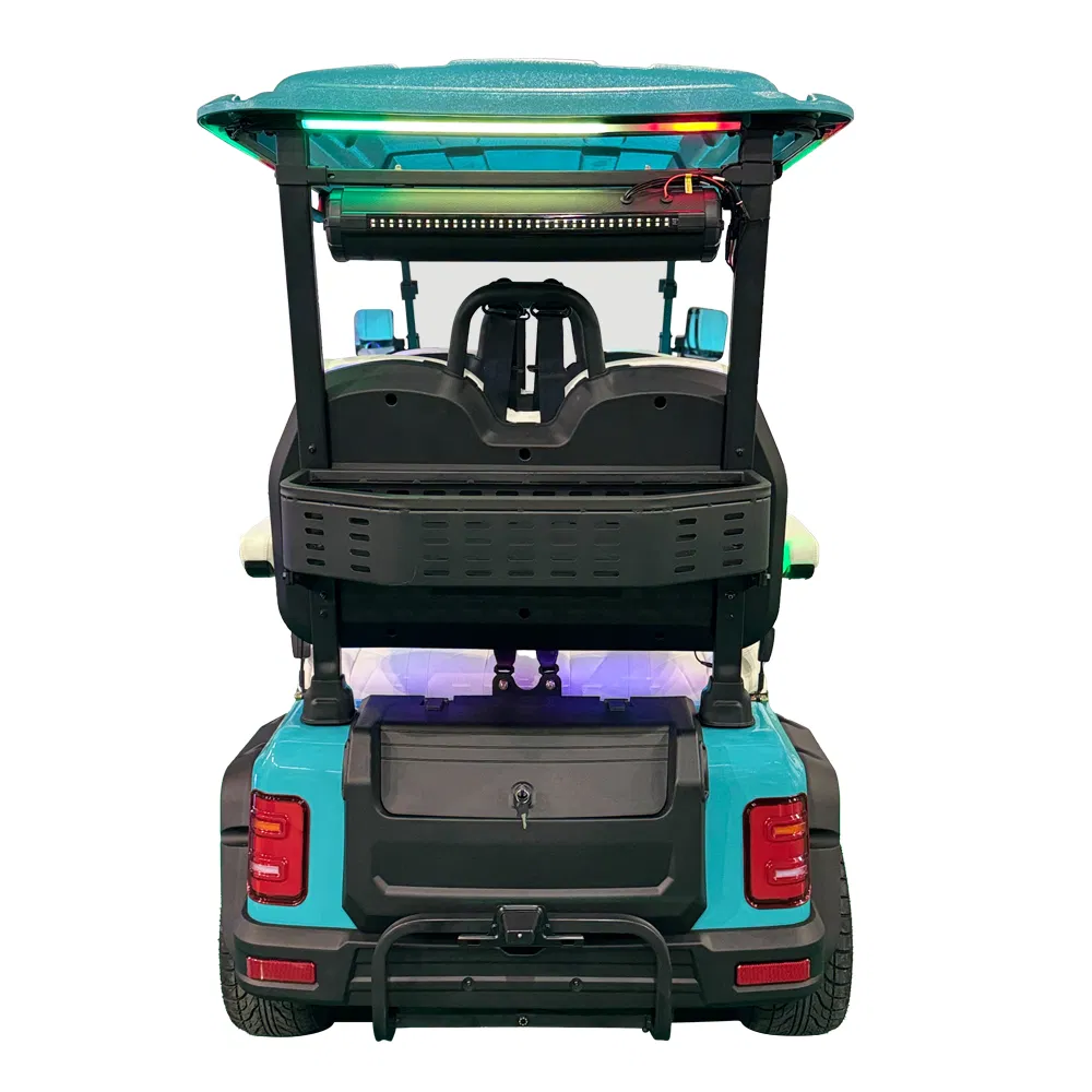 O carrinho de golfe elétrico personalizado para quatro pessoas é equipado com uma bateria de lítio e um chassi de alumínio