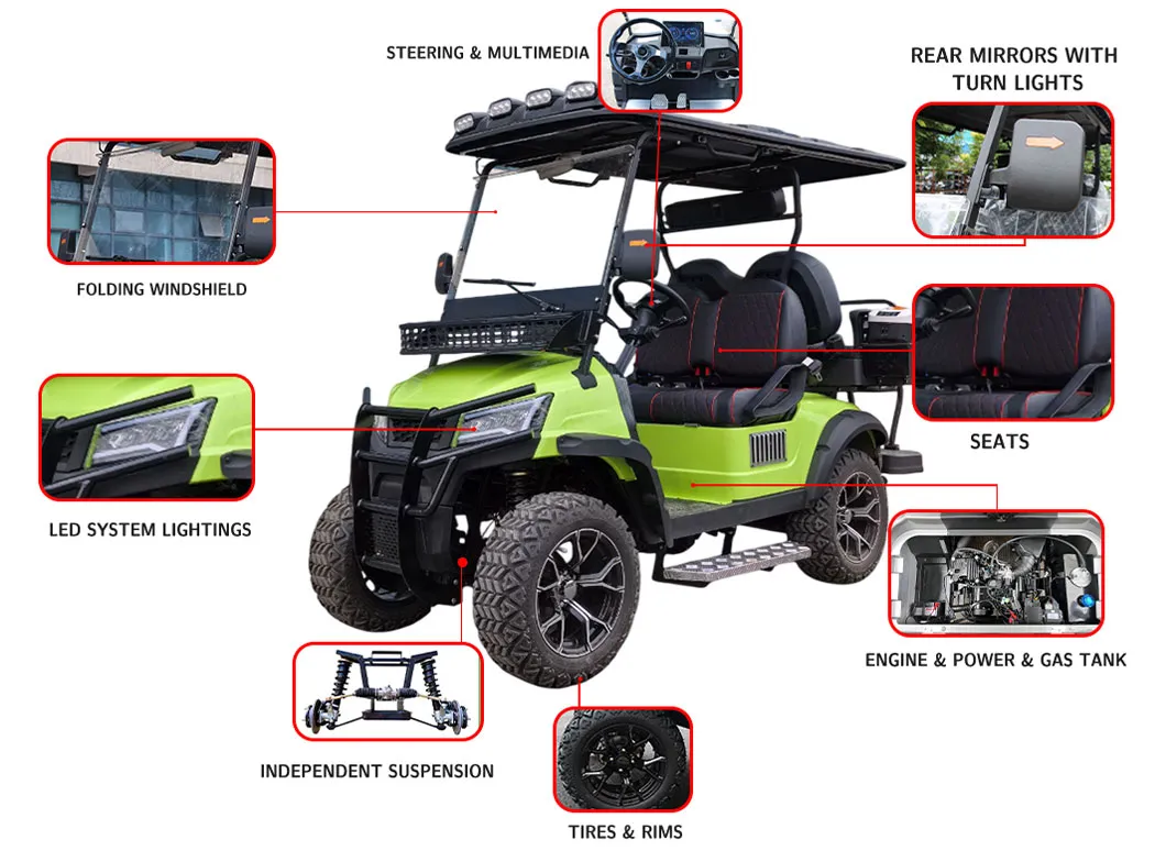Fabricante de Carrinho de Golfe a Gasolina da China para Passeios de Caça Off Road Carro Clube Legal para Rua Utilitário Lsv Elevado 2+2 4 Assentos a Gasolina Elevado Carrinho de Golfe