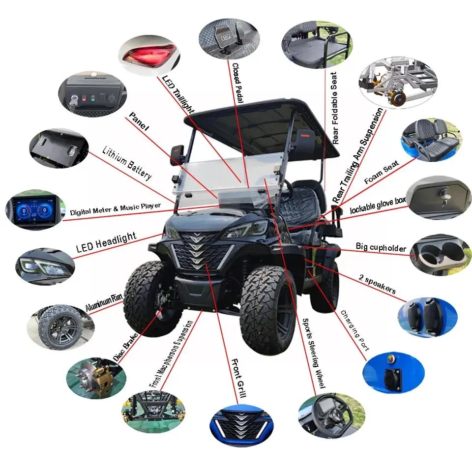 Carrinho de Golfe Elétrico Club Car com Quatro Rodas Levantadas para Caça Off Road com Bateria de Lítio 4 Lugares