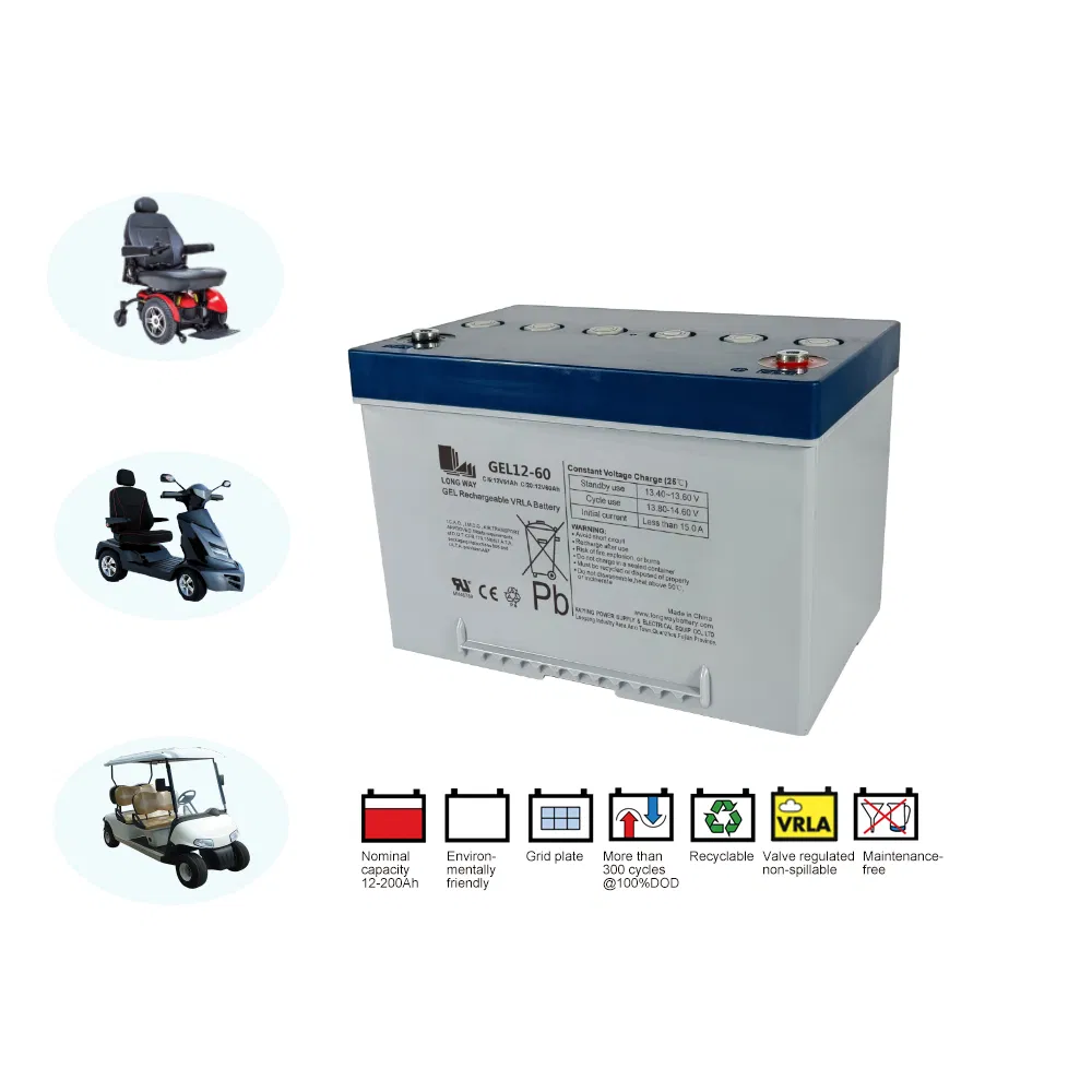 Gel12V60ah Baterias de Chumbo Ácido Recarregáveis para Cadeira de Rodas Elétrica, Scooter de Mobilidade Elétrica, Carro de Patrulha, Carrinho de Golfe, Sistema Solar e de Armazenamento de Energia
