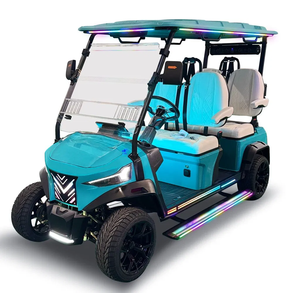 O carrinho de golfe elétrico personalizado para quatro pessoas é equipado com uma bateria de lítio e um chassi de alumínio