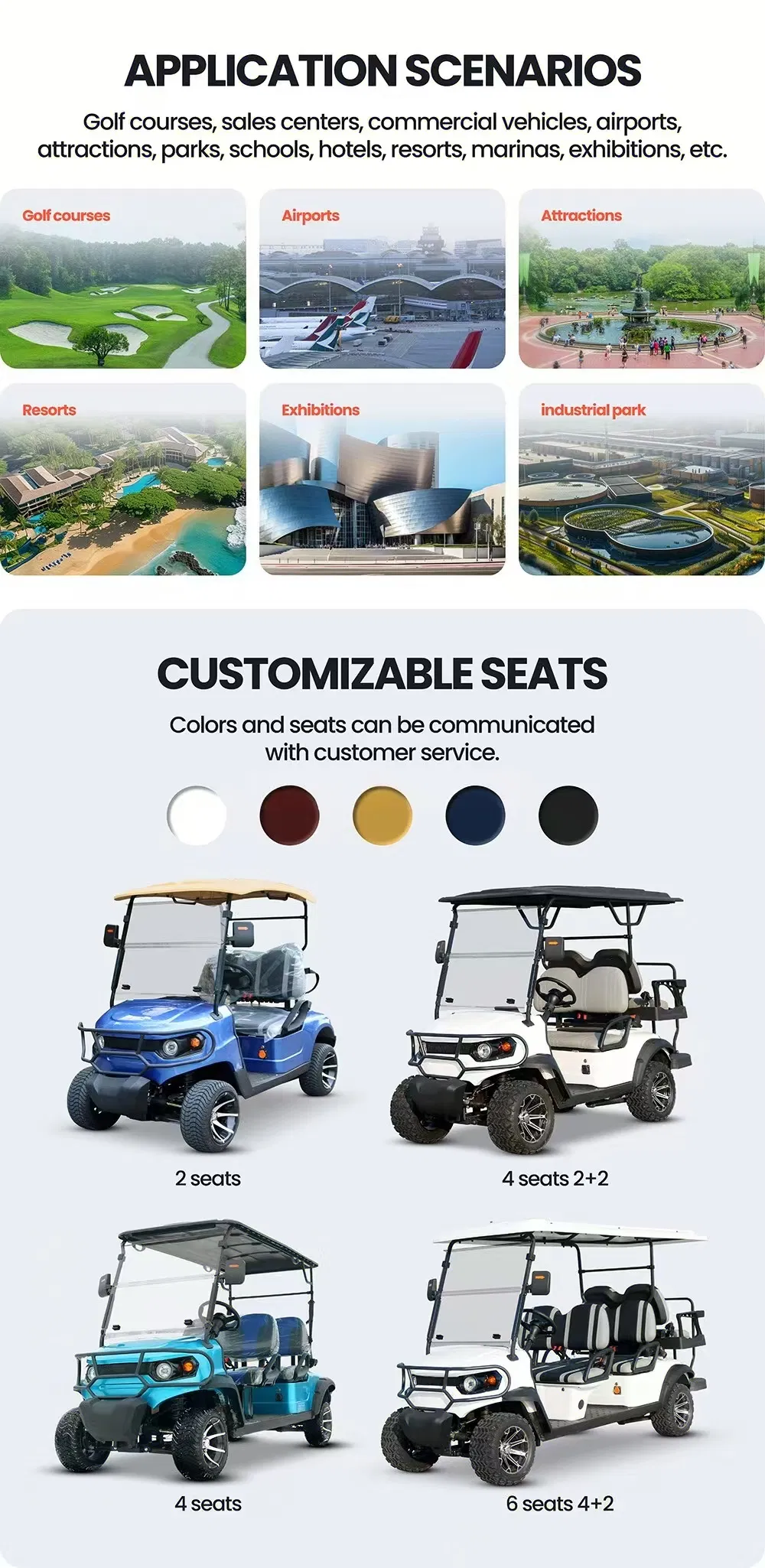 Carrinhos de Golfe Elétricos de Luxo para Clubes Off-Road de Alta Qualidade 2 4 6 Lugares