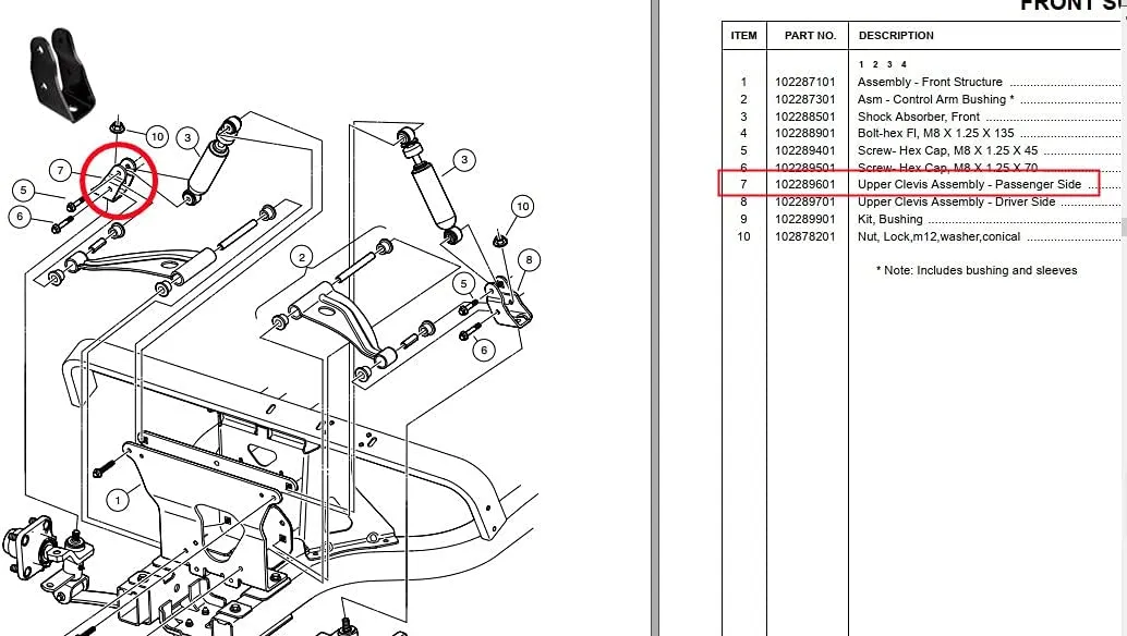 Conjunto de Clevis Superior Direito para Peças de Club Car