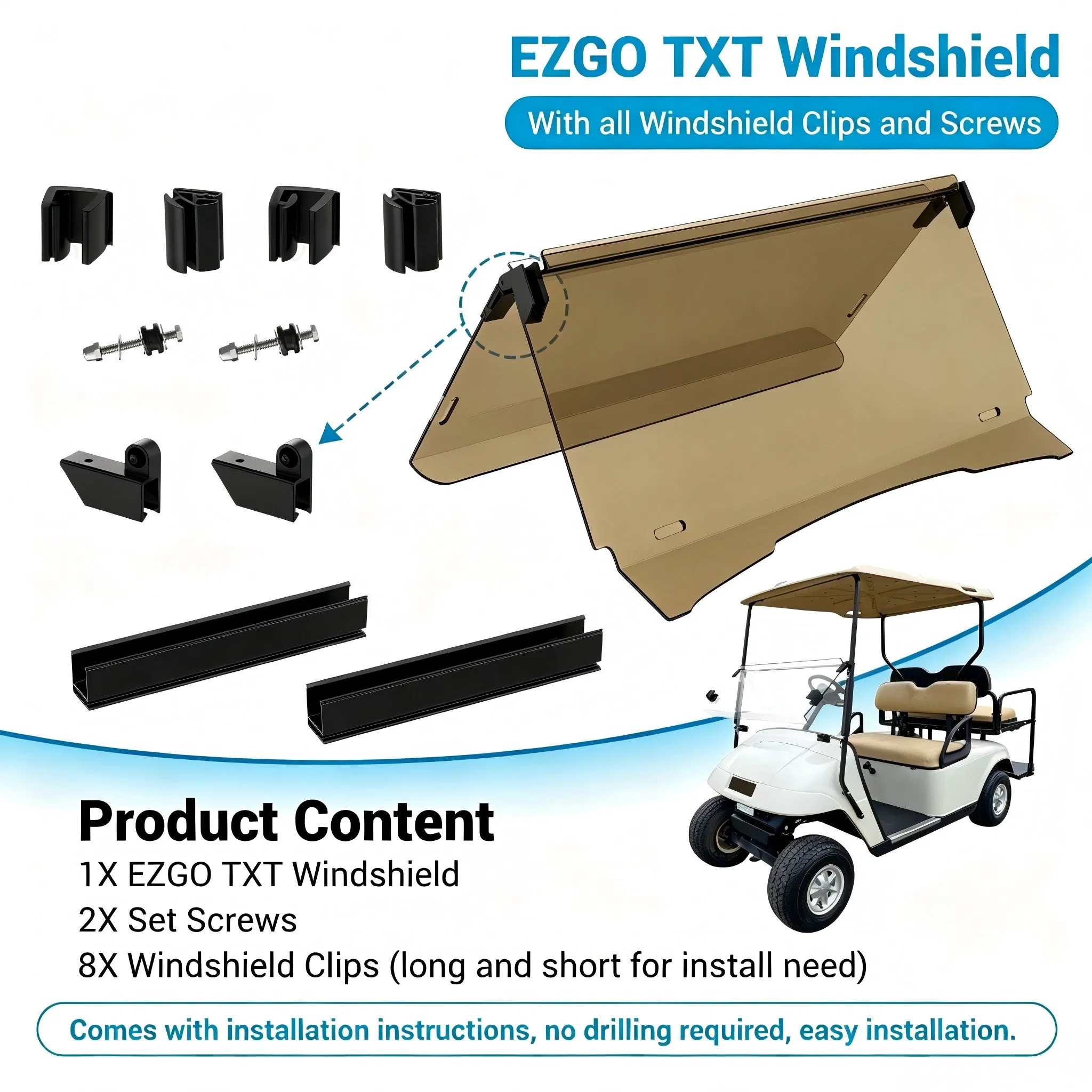 Parabrisa Tinted de Policarbonato Resistente a UV e Impacto para Carrinho de Golfe Ezgo TXT