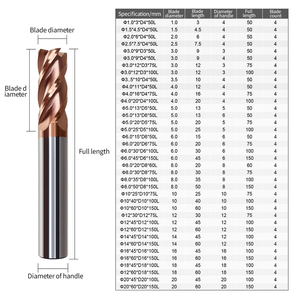 4 Flutes Carbide End Mill HRC55 TiAlN Coated Tungsten Steel CNC Milling Cutter Solid Router Bits