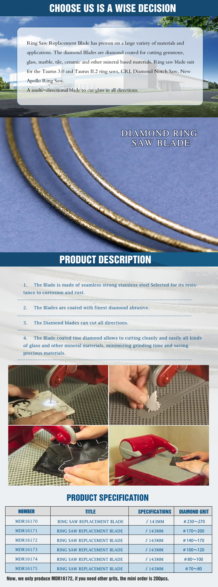 Industrial MDR17172 7" Diamond Coated Ring Saw Blade OEM Customizable Hot Press for Power Tools Cutting Glass Marble Granite