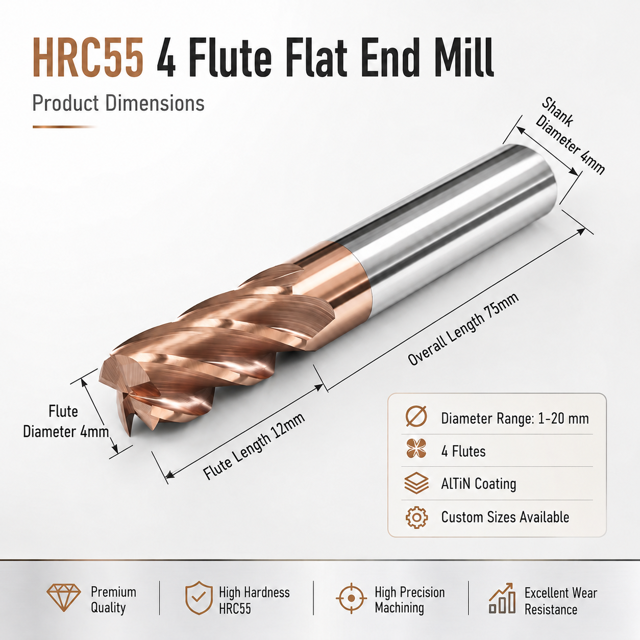 Carbide End Milling Cutter Titanium Alloy 3 8 12 16mm Tungsten Steel Milling Cutter 4 Edges Router Bit CNC Milling Tools
