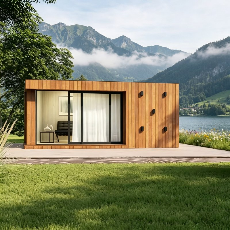 Casa de Cabina de Madera Prefabricada Moderna, Villa Pequeña Recubierta de Madera, Chalet Ecológico Prefabricado para Resort, Alojamiento, Glamping, Lugar Escénico