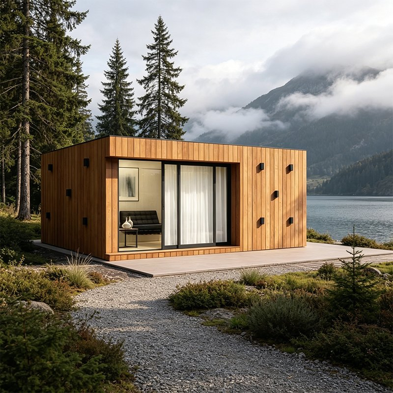 Casa de Cabina de Madera Prefabricada Moderna, Villa Pequeña Recubierta de Madera, Chalet Ecológico Prefabricado para Resort, Alojamiento, Glamping, Lugar Escénico