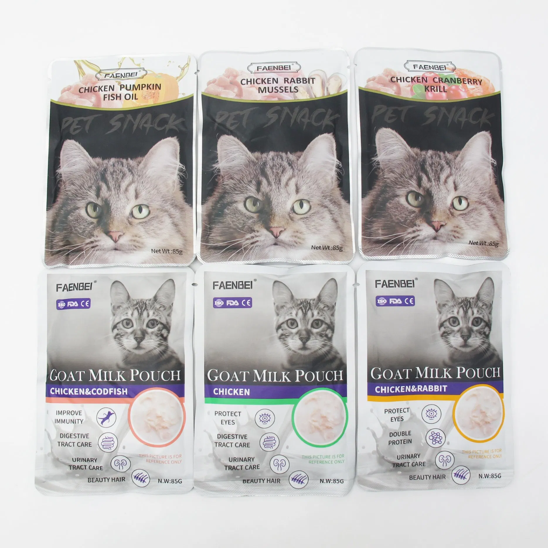 Suministro de comida para mascotas Pollo Conejo Mejillón/ Arándano Camarón/ Calabaza Aceite de pescado/ Bacalao Leche de cabra/ Conejo Leche de cabra/ Leche de cabra Sopa Puré Líquido Snack húmedo para gatos Golosina