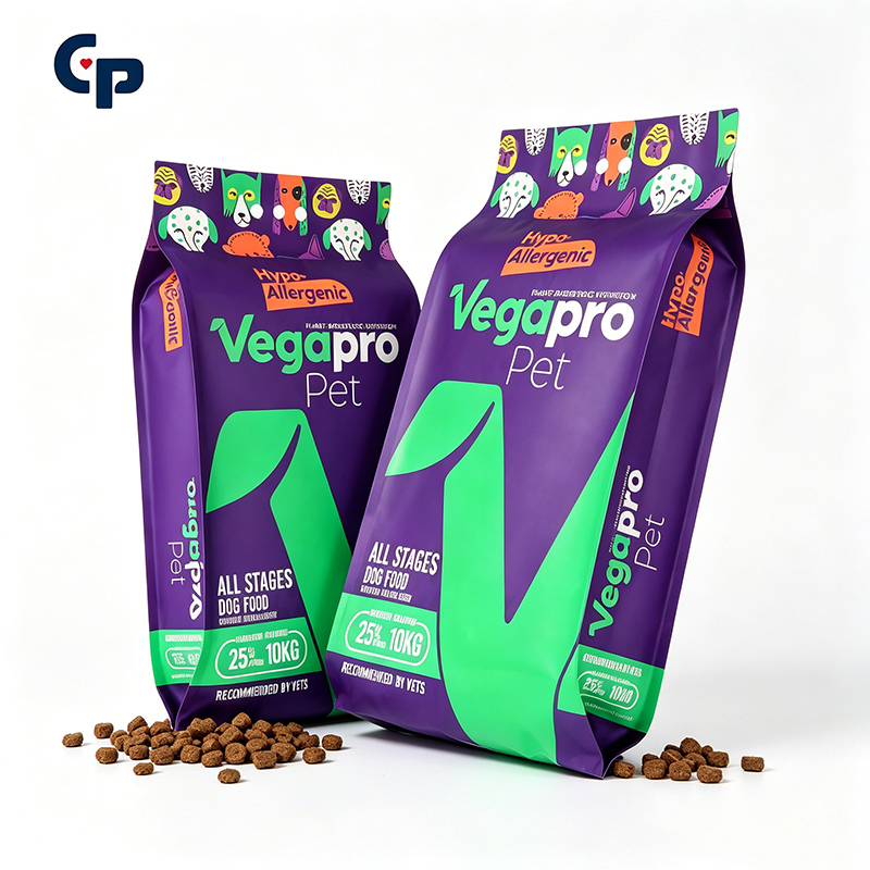 Bolsa de comida para perros personalizada con cierre hermético, premium, grande, para cachorros, adultos, razas senior, con cuatro 4 sellos laterales, cierre de cremallera, de pie, para croquetas secas, con fondo plano