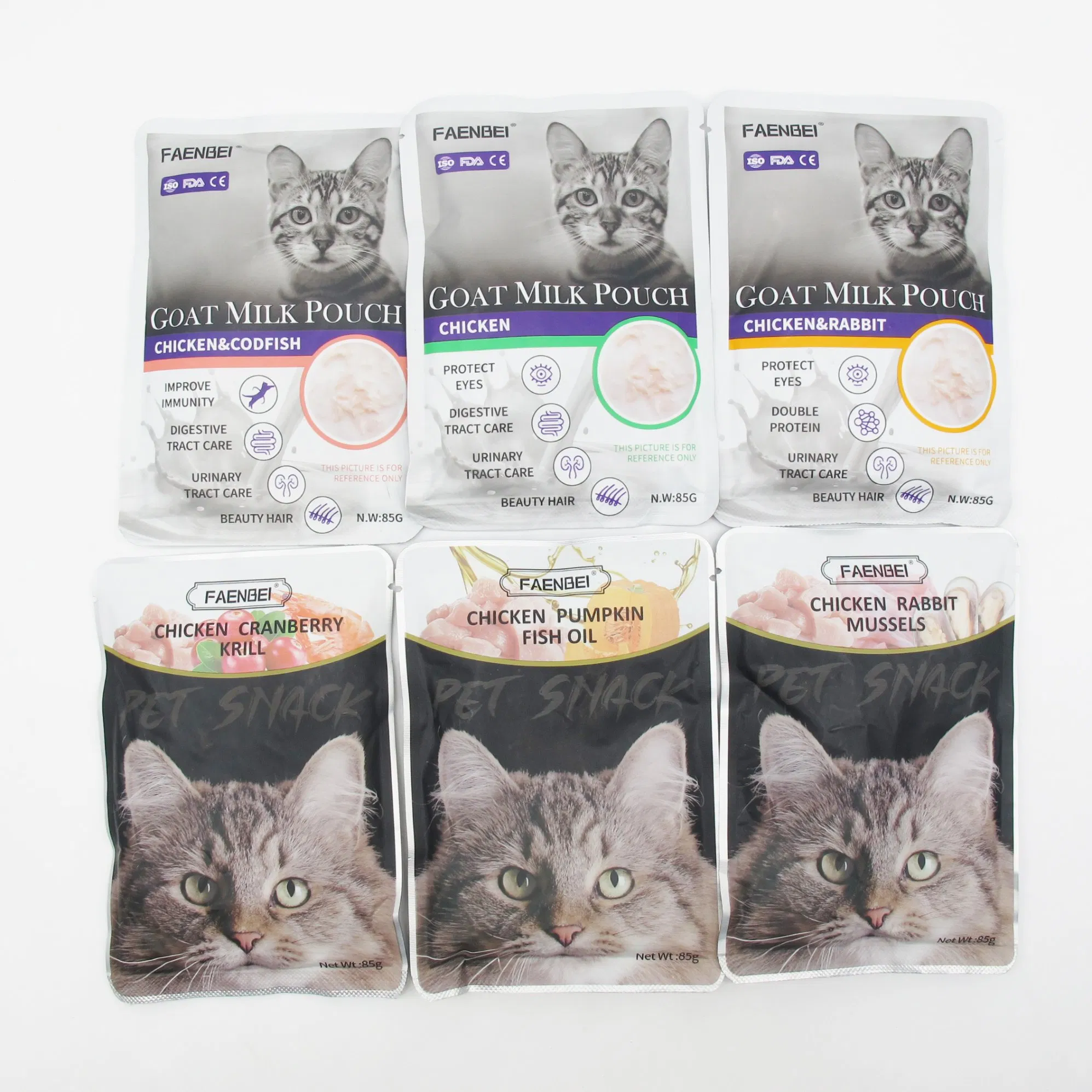 Suministro de comida para mascotas Pollo Conejo Mejillón/ Arándano Camarón/ Calabaza Aceite de pescado/ Bacalao Leche de cabra/ Conejo Leche de cabra/ Leche de cabra Sopa Puré Líquido Snack húmedo para gatos Golosina