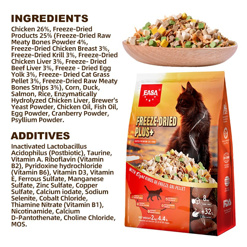 Comida Seca para Gatos 2kg/Bag Comida Premium para Mascotas Kibble Sabroso Sin Granos Variado Deshidratado al Congelar OEM