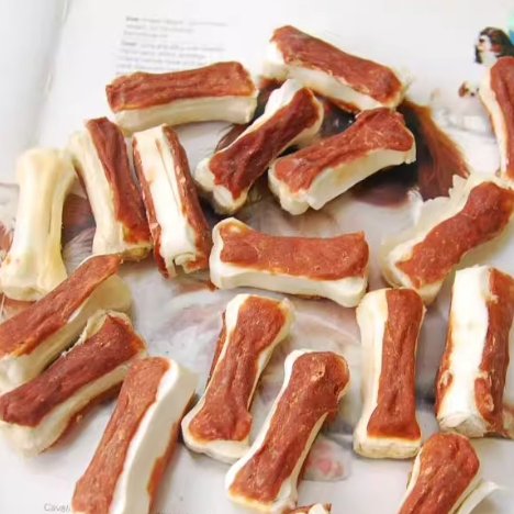 Alimento para mascotas al por mayor premium, huesos prensados con sabor a pato deshidratado, seguros para perros
