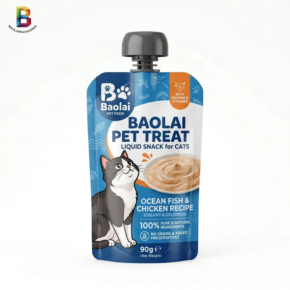 Bolsa de embalaje de puré de carne líquida para comida húmeda de gato y golosinas para perro con spout de retorta de alta temperatura impresa a medida 121℃ fabricante