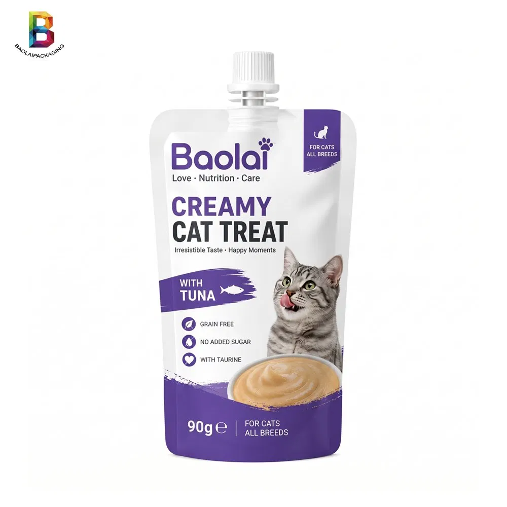 Bolsa de embalaje de puré de carne líquida para comida húmeda de gato y golosinas para perro con spout de retorta de alta temperatura impresa a medida 121℃ fabricante