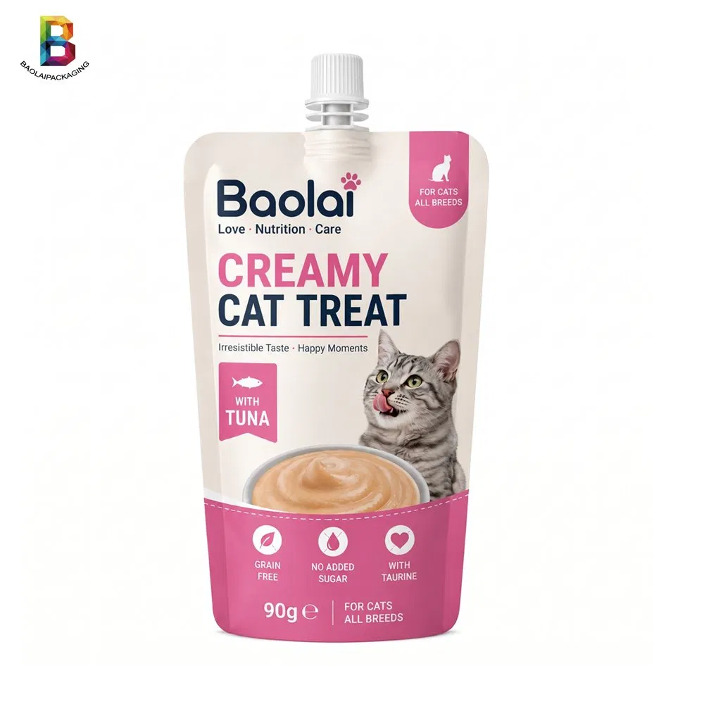 Bolsa de embalaje de puré de carne líquida para comida húmeda de gato y golosinas para perro con spout de retorta de alta temperatura impresa a medida 121℃ fabricante
