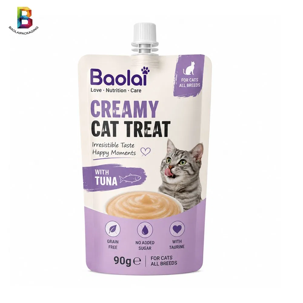 Bolsa de embalaje de puré de carne líquida para comida húmeda de gato y golosinas para perro con spout de retorta de alta temperatura impresa a medida 121℃ fabricante