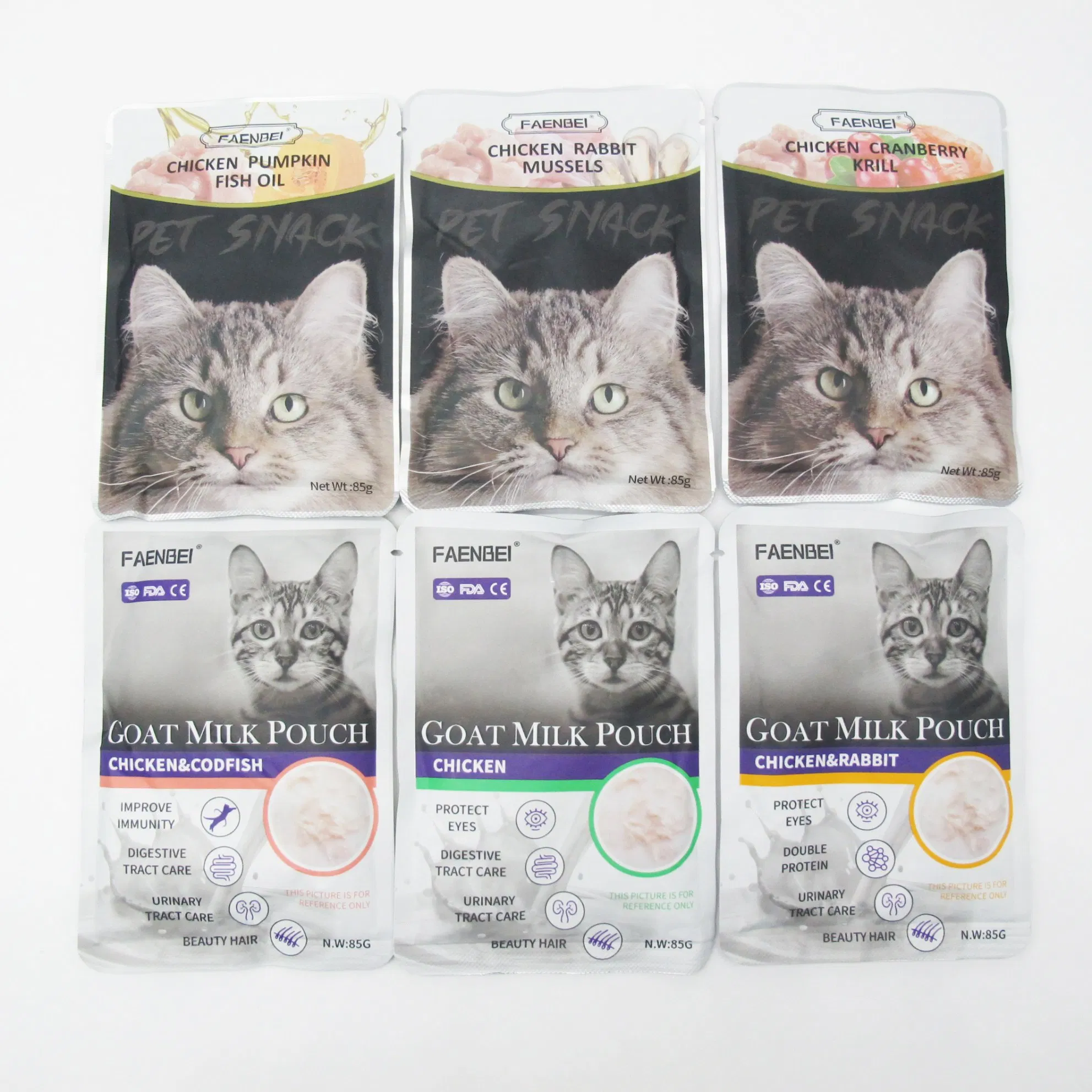 Suministro de comida para mascotas Pollo Conejo Mejillón/ Arándano Camarón/ Calabaza Aceite de pescado/ Bacalao Leche de cabra/ Conejo Leche de cabra/ Leche de cabra Sopa Puré Líquido Snack húmedo para gatos Golosina