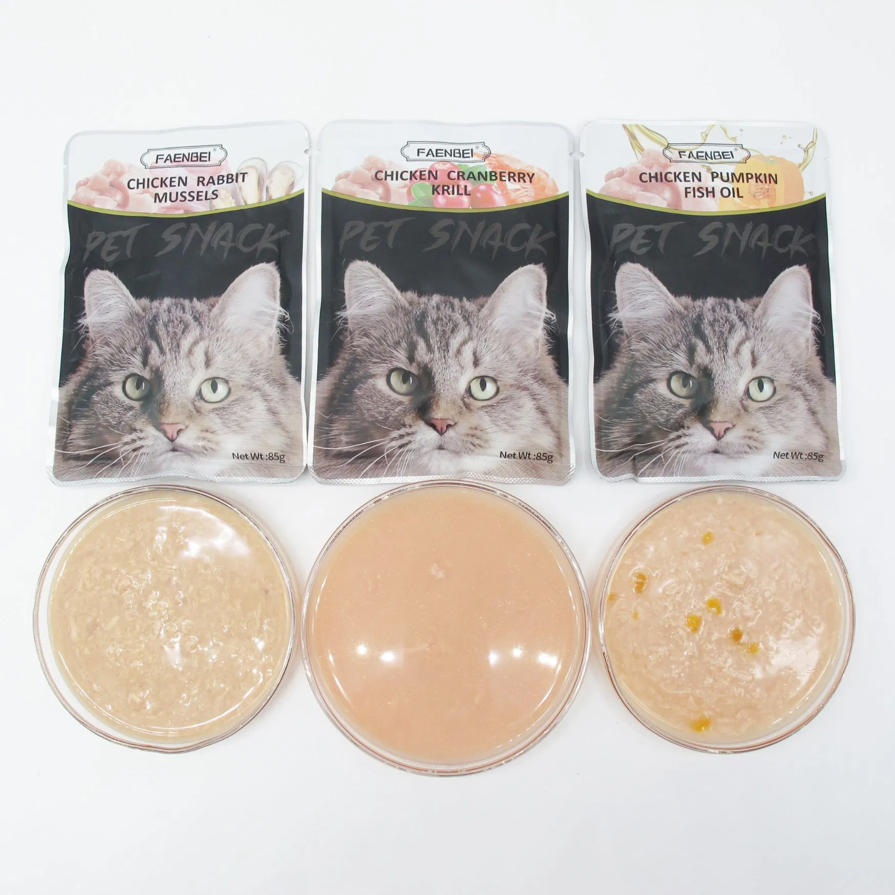 Suministro de comida para mascotas Pollo Conejo Mejillón/ Arándano Camarón/ Calabaza Aceite de pescado/ Bacalao Leche de cabra/ Conejo Leche de cabra/ Leche de cabra Sopa Puré Líquido Snack húmedo para gatos Golosina