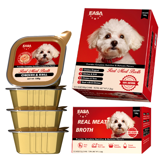 Comida enlatada húmeda sabrosa para mascotas, bocadillo de carne en salsa de caldo 100g sin granos, paquete de variedades