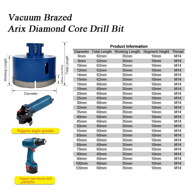 Brocas de núcleo de diamante de soldadura al vacío Arix para taladrar azulejos de porcelana