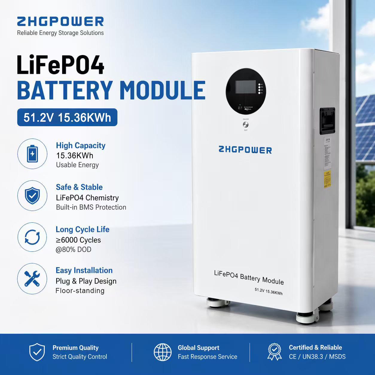 Mobile 51.2V 300Ah 280Ah 314Ah 15kWh LiFePO4 Battery with Wheels 6000 Cycles Smart BMS Off-Grid Solar Storage System for Home