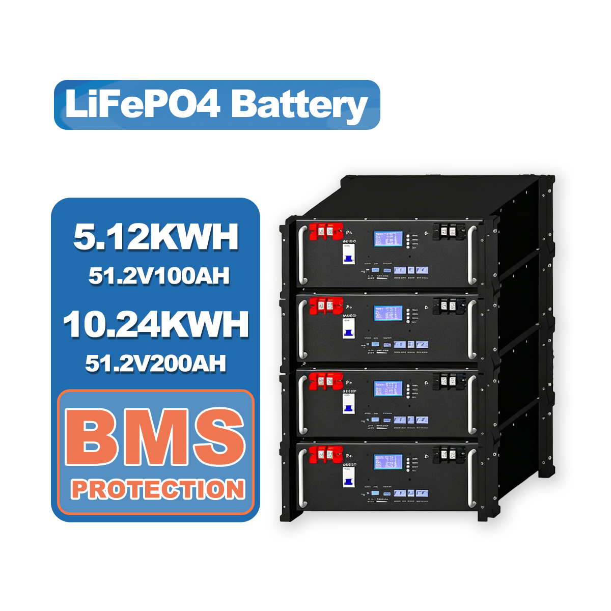 LiFePO4 Battery Pack 48V 51.2V 100AH 5KWH Rack Mount Home Energy Storage Grade A+ Smart BMS LCD Screen Backup Power Systems
