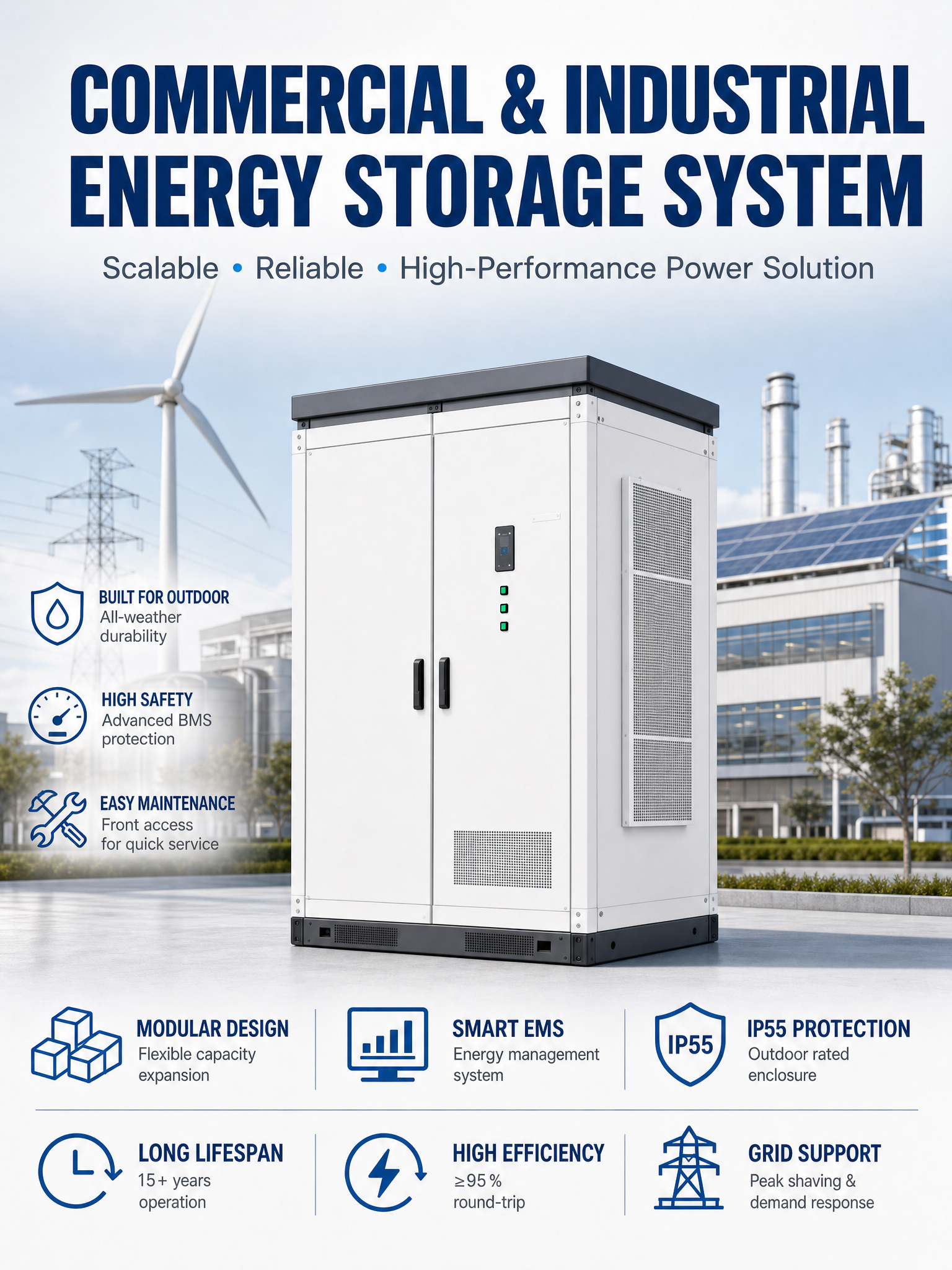C&I Energy Storage System Outdoor LiFePO4 Battery Cabinet for Solar Power Plant Factory Peak Shaving Backup Supply
