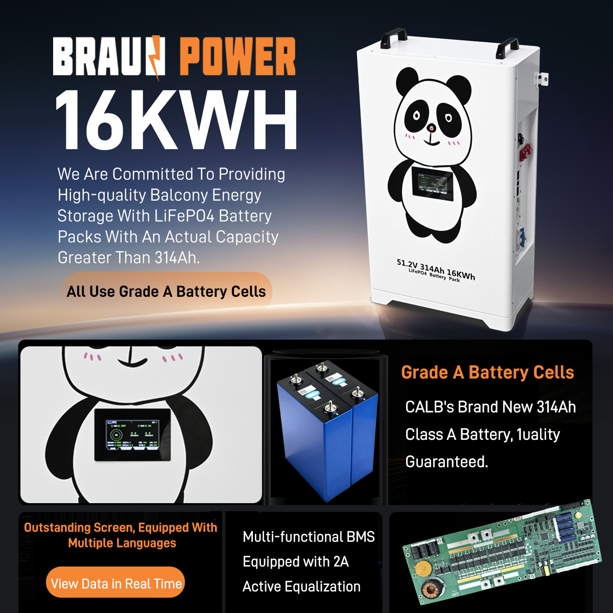 Braun Power Poland Warehouse CALB 51.2v 314ah 16kwh Lifepo4 Battery JK V19 BMS Lithium Solar Storage Battery Pack
