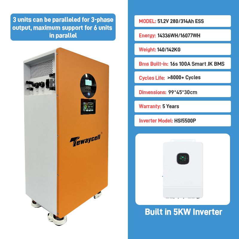 China Stock 51.2V 314Ah 16KWh 15KWh -5KW Inverter All in One - JK BMS PV 500V off Grid Solar Energy Storage System