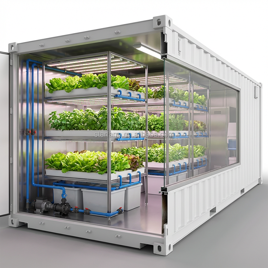 ISO Approved Indoor Vertical Steel Frame Container Farm Full Spectrum LED Grow Lights Hydroponics/Aeroponics For Large-Scale